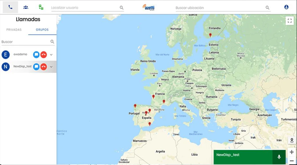 Web Dispatcher de GoPTT: mapa con la ubicación de los usuarios y llamadas de grupo